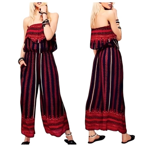 Free People Pants - Free People woman’s Simone Strapless Jumpsuit Size S Red and Black Stripe Boho
